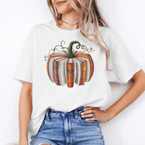 Halloween Teacher Librarians Fall Book Pumpkin Retro Reading Women's T-Shirt - teacherstshirts.com DE