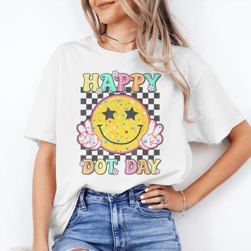 Happy Dot Day Hippie Flowers Smile Face Groovy Teacher Kids Women's T-Shirt - teacherstshirts.com DE