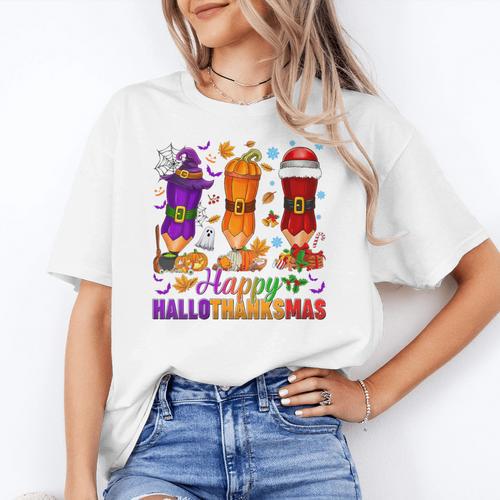 Happy Hallothanksmas Halloween Thanksgiving Pencils Teachers Women's T-Shirt - teacherstshirts.com AU