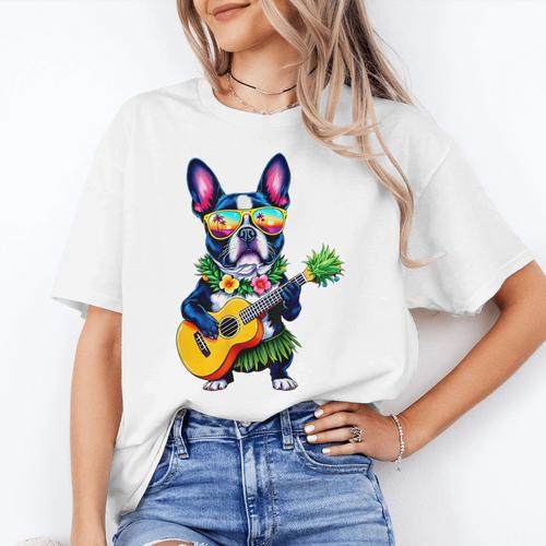 Hawaiian Boston Terrier & Pineapple Ukulele Summer Vacation Women's T-Shirt - Bostonterriersmerch.com DE