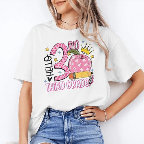 Hello 3rd Third Grade Back To School Pink Leopard Teacher Women's T-Shirt - teacherstshirts.com UK