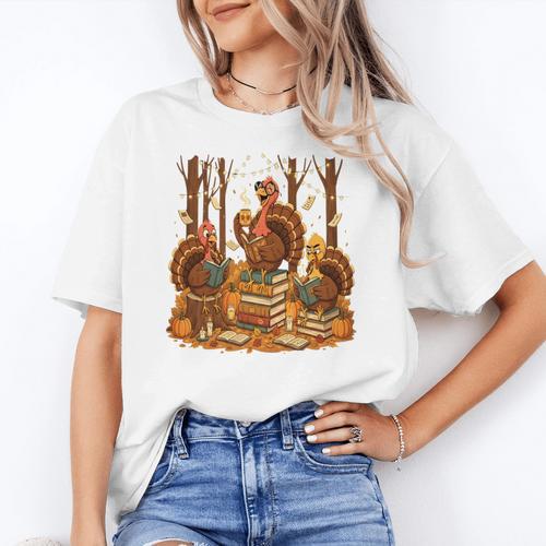 Librarian Turkey Reading Book Fall Thanksgiving Teacher Book Women's T-Shirt - teacherstshirts.com AU