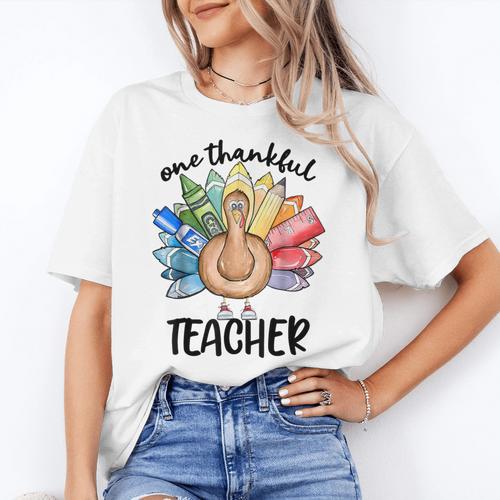 One Thankful Teacher Turkey Pencil Thanksgiving Teachers Women's T-Shirt - teacherstshirts.com AU