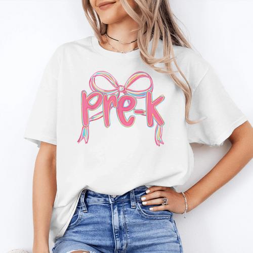 Preppy Pre k Back To School Pre-k Teachers Girls Cute Bow Women's T-Shirt - teacherstshirts.com UK