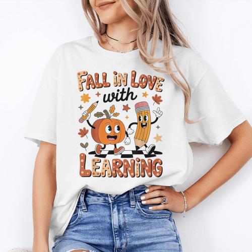 Retro Fall In Love With Learning Autumn Pumpkin Teacher Kids Women's T-Shirt - teacherstshirts.com AU