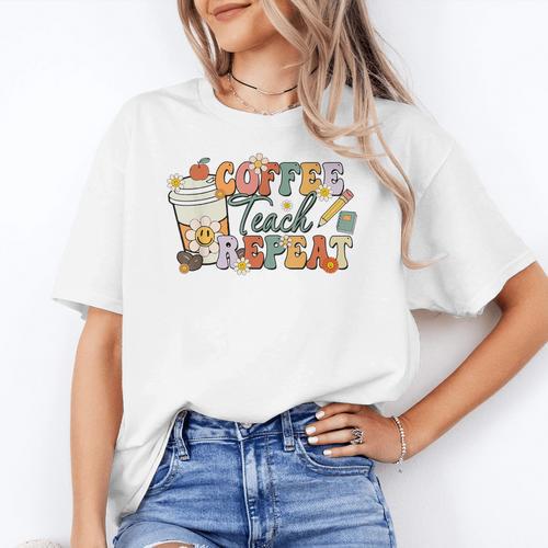 Retro Grovvy Coffee Teach Repeat Teacher Women's T-Shirt - teacherstshirts.com UK