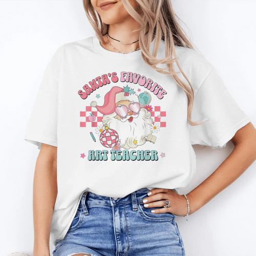 Retro Pink Christmas Santa's Favorite Art Teacher Artist Women's T-Shirt - teacherstshirts.com CA