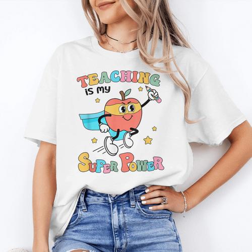 Retro Teaching Is My Superpower Apple Teacher Appreciation Women's T-Shirt - teacherstshirts.com CA