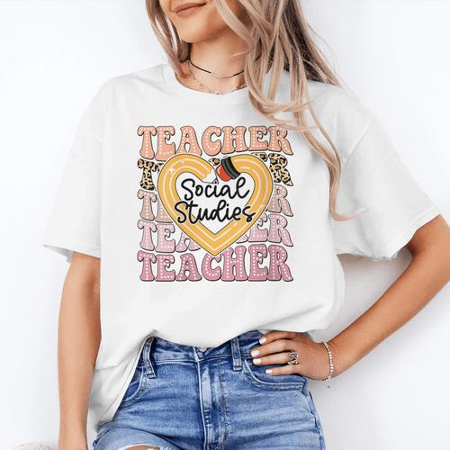 Social Studies Teacher Pencil Heart Leopard Back To School Women's T-Shirt - teacherstshirts.com CA