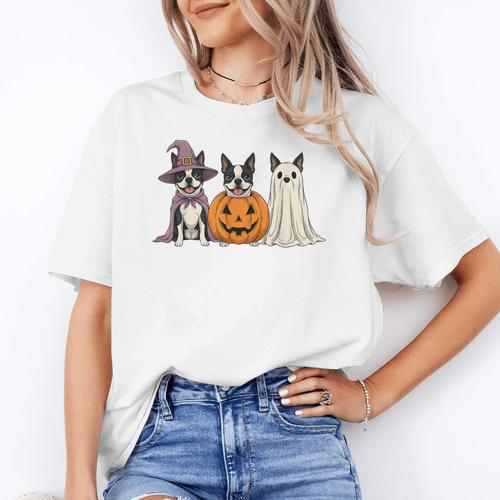 Spooky Ghost Boston Terrier Pumpkin Halloween Dog Lover Women's T-Shirt - Bostonterriersmerch.com