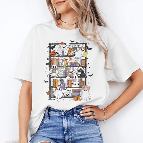 Teacher Library Ghost Reading Book Halloween Cat Women's T-Shirt - teacherstshirts.com CA