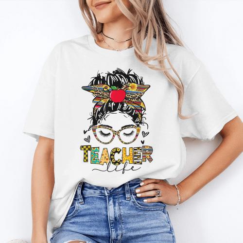Teacher Life Messy Bun Glasses Leopard Sunflower Women's T-Shirt - teacherstshirts.com AU