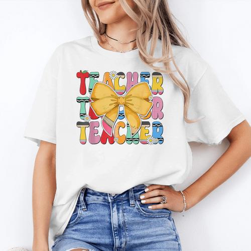 Teacher Pencil Coquette Bow Back To School Teacher Women's T-Shirt - teacherstshirts.com DE