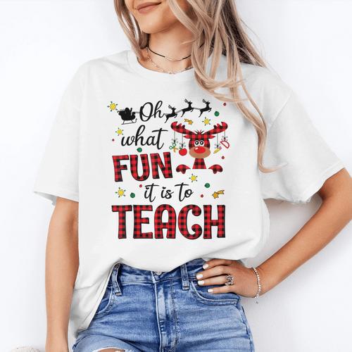 Teachers Oh What Fun It Is To Teach Cute Red Plaid Reindeer Women's T-Shirt - teacherstshirts.com AU
