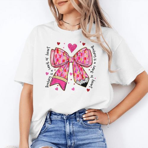 Teaching Is A Work Of Heart Pencil Bow Teacher Valentine Women's T-Shirt - teacherstshirts.com CA