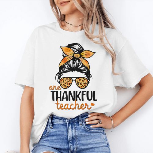 Thanksgiving Shirt Teacher Women Messy Bun Thankful Teacher Women's T-Shirt - teacherstshirts.com UK