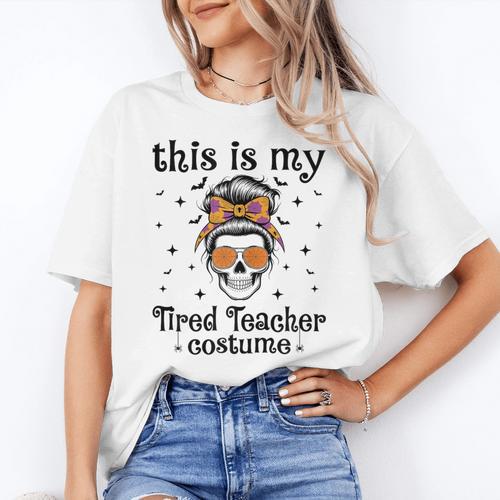 This Is My Tired Teacher Costume Skull Halloween Messy Bun Women's T-Shirt - teacherstshirts.com DE