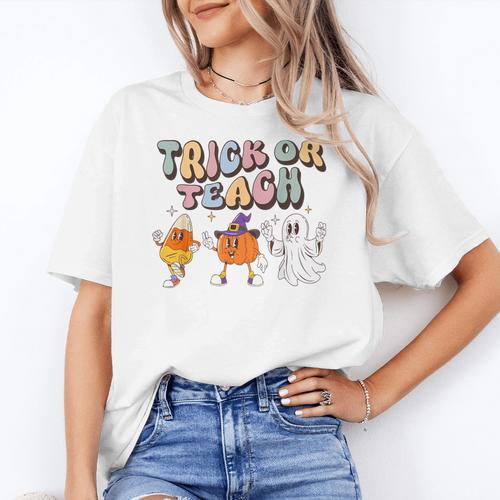 Trick Or Teach Candy Corn Pumpkin Ghost Teacher Women's T-Shirt - teacherstshirts.com