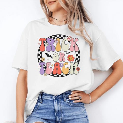 Trick Or Teach Retro Groovy Halloween Teacher Women's T-Shirt - teacherstshirts.com AU