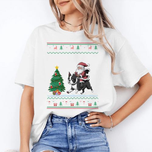 Ugly Christmas Tree Lights Xmas Santa Riding Boston Terrier Women's T-Shirt - Bostonterriersmerch.com