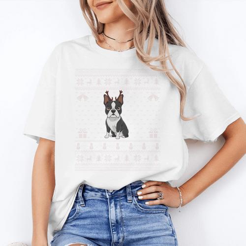 Ugly Xmas Sweater Style Boston Terrier Reindeer Christmas Women's T-Shirt - Bostonterriersmerch.com