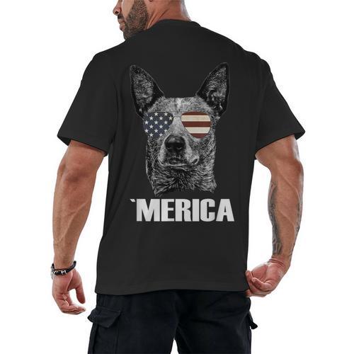 4th July Blue Heeler Dog Merica Patriotic USA Flag Cute Men's Back Print T-Shirt - Bostonterriersmerch.com