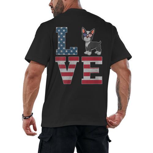 4th Of July Decor Patriotic LOVE Boston Terrier USA Flag Men's Back Print T-Shirt - Bostonterriersmerch.com