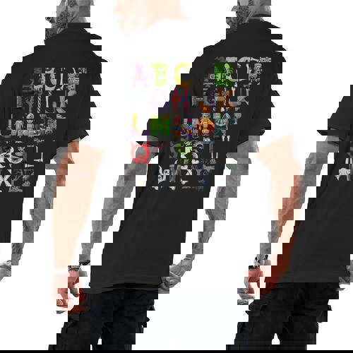 ABCs Alphabet Halloween Learning Kindergarten Teachers Men&#x27;s Back Print T-Shirt - teacherstshirts.com