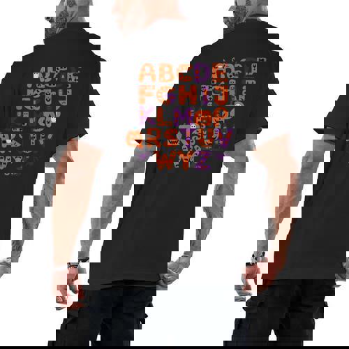 ABCs Learning Kindergarten Teacher Halloween Alphabet Men&#x27;s Back Print T-Shirt - teacherstshirts.com