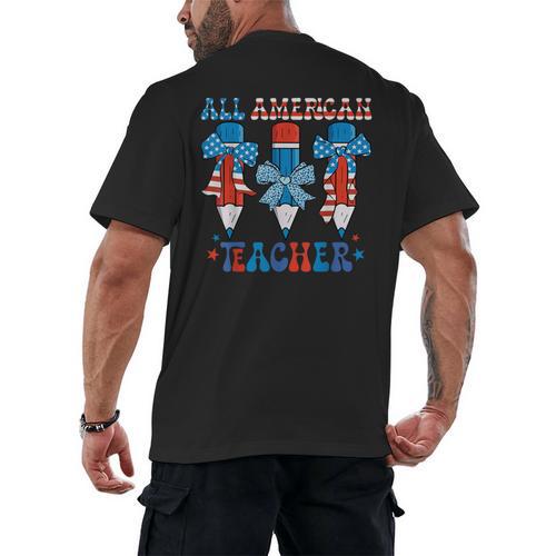 All American Teacher Pencil Coquette Bow USA Flag Teachers Men's Back Print T-Shirt - teacherstshirts.com UK