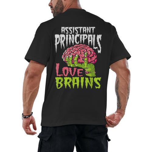 Assistant Principals Love Brains Zombie Teacher Halloween Men's Back Print T-Shirt - teacherstshirts.com UK