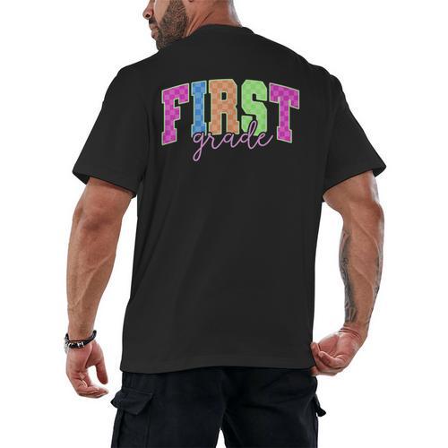 Back To School Neon Checkered First Grade Colorful Teacher Men's Back Print T-Shirt - teacherstshirts.com