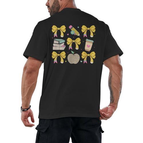 Back To School Yellow Bows Book Coffee Leopard Apple Teacher Men's Back Print T-Shirt - teacherstshirts.com