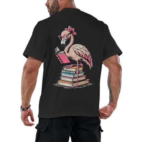 Book Lover Cute Flamingo Reading Teacher Librarian Women Men's Back Print T-Shirt - teacherstshirts.com