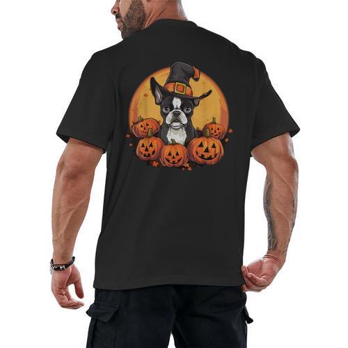 Boston Terrier Bostie Dog Breed Pet Halloween Pumpkins Men's Back Print T-Shirt - Bostonterriersmerch.com
