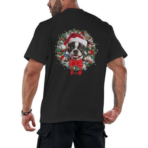 Boston Terrier Christmas Wreath Decoration Xmas Pajamas Men's Back Print T-Shirt - Bostonterriersmerch.com