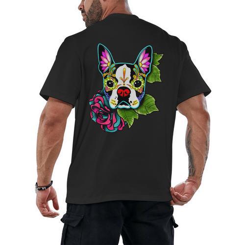 Boston Terrier In Day Of The Dead Sugar Skull Dog Men's Back Print T-Shirt - Bostonterriersmerch.com