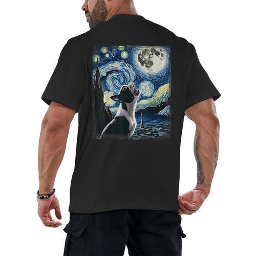Boston Terrier Dog Art Van Gogh Starry Night Boston Terrier Men's Back Print T-Shirt - Bostonterriersmerch.com CA
