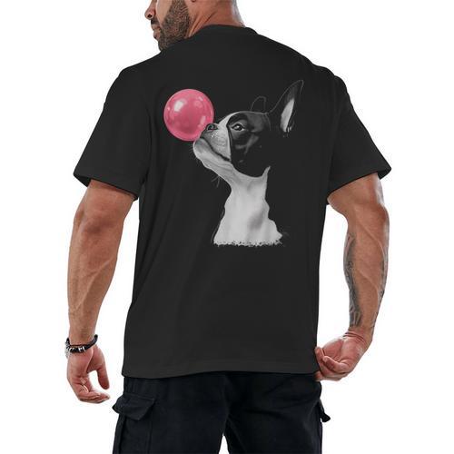 Boston Terrier Dog Blowing Chewing Bubble Gum Pink Men's Back Print T-Shirt - Bostonterriersmerch.com CA