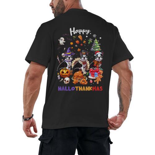 Boston Terrier Dog Christmas Happy Hallothankmas Halloween For Men Women Kids Men's Back Print T-Shirt - Bostonterriersmerch.com