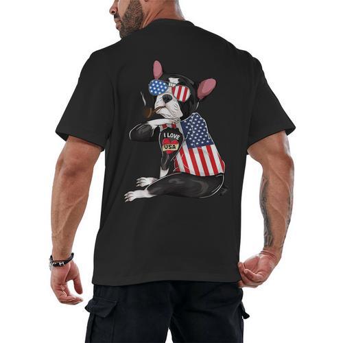 Boston Terrier Dog Merica 4th Of July Usa American Flag Men Men's Back Print T-Shirt - Bostonterriersmerch.com
