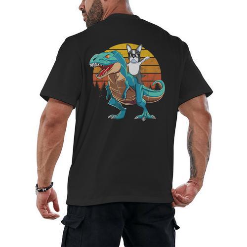 Boston Terrier Dog Riding Dinosaur T Rex Boys Men's Back Print T-Shirt - Bostonterriersmerch.com
