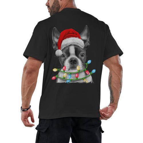 Boston Terrier Dog Santa Christmas Tree Lights Xmas Men's Back Print T-Shirt - Bostonterriersmerch.com