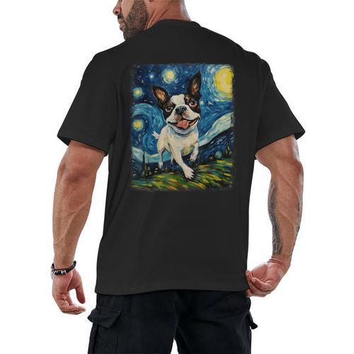 Boston Terrier Dog Starry Night Painting Men's Back Print T-Shirt - Bostonterriersmerch.com CA