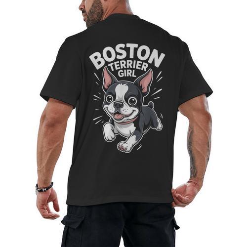 Boston Terrier Girl Cute Cartoon For Dog Owners Pet Terrier Men's Back Print T-Shirt - Bostonterriersmerch.com