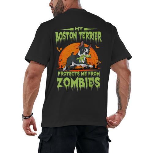 Boston Terrier Halloween Zombie American Gentleman Dog Lover Men's Back Print T-Shirt - Bostonterriersmerch.com