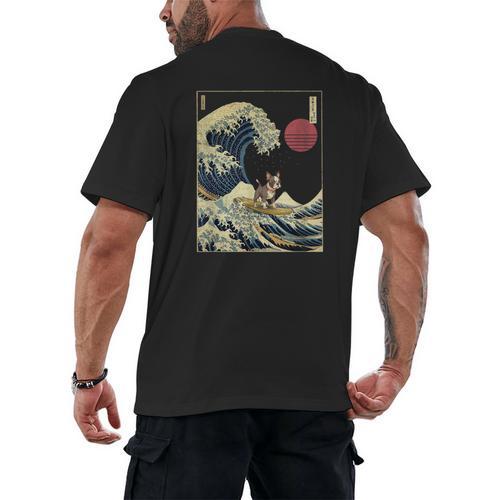 Boston Terrier Japanese Kanagawa Wave Surf Dog Men's Back Print T-Shirt - Bostonterriersmerch.com