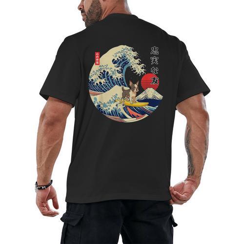 Boston Terrier Japanese Kanagawa Wave Surf Loyal Dog Men Women Kids Men's Back Print T-Shirt - Bostonterriersmerch.com