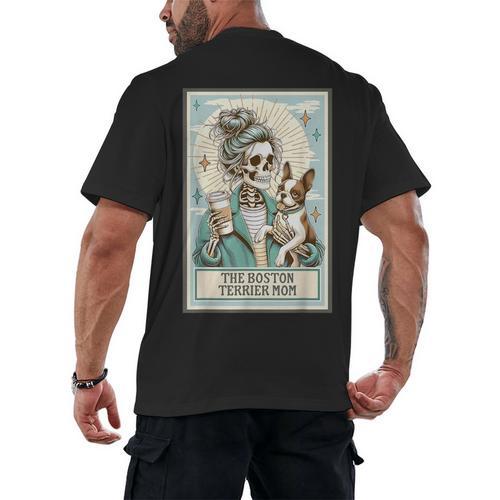 Boston Terrier Mom Skeleton Tarot Card Witch Vibes Dog Mom Men's Back Print T-Shirt - Bostonterriersmerch.com