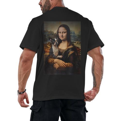 Boston Terrier Mona Lisa Painting Art Dog Mom Dad For Men Women Kids Men's Back Print T-Shirt - Bostonterriersmerch.com